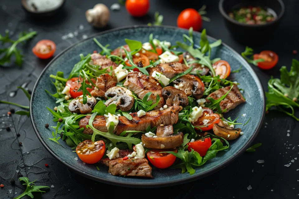 Delicious chicken salad with mushrooms and tomatoes on a dark table background