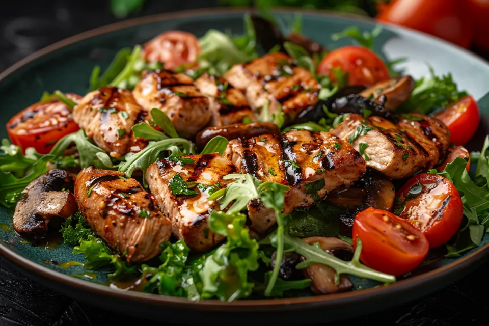 Juicy chicken meat served on a green bed with tomatoes and mushrooms