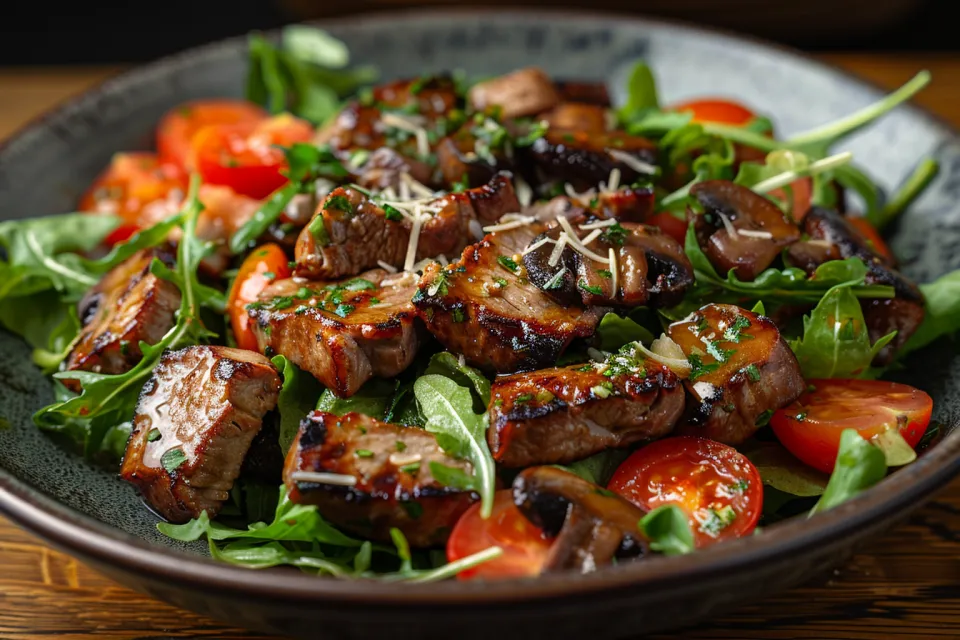 Appetizing beef, tomato, and arugula salad on a plate