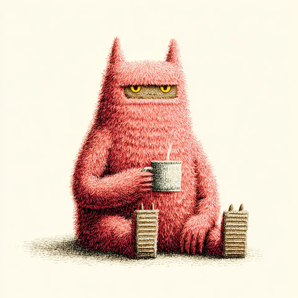 Image of a chubby monster holding a cup and leaning on blocks