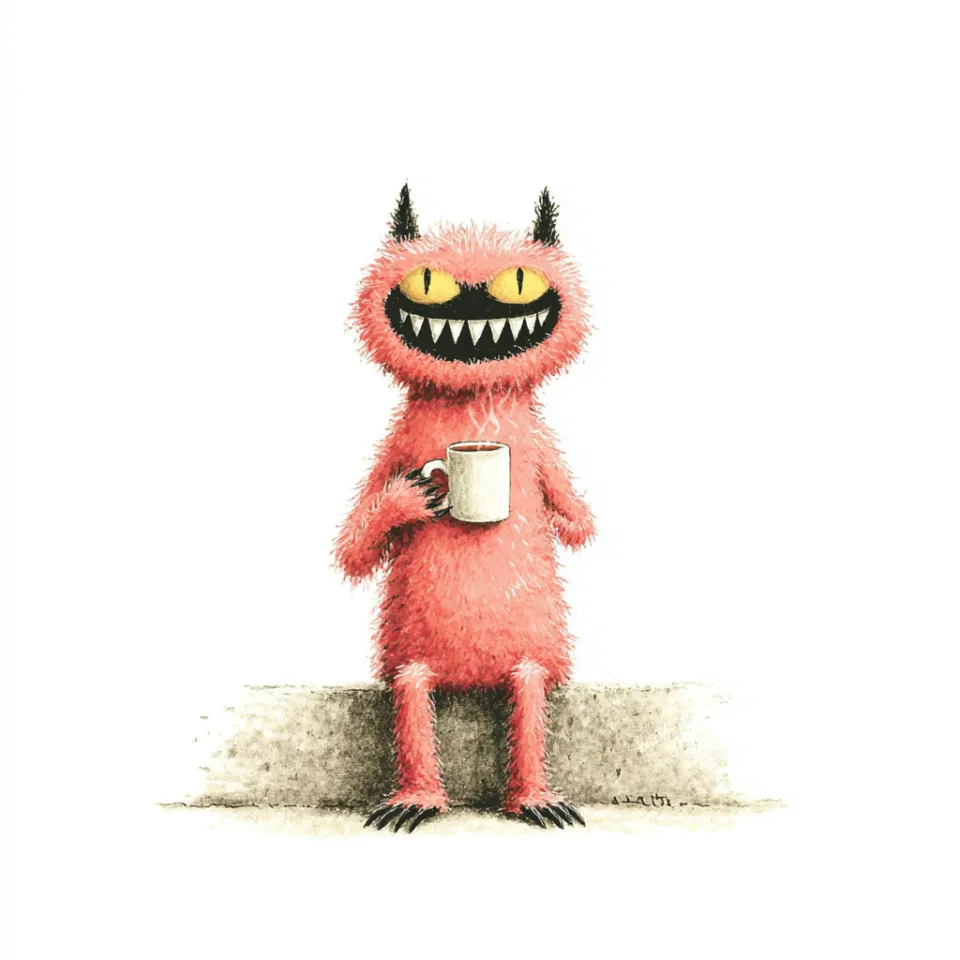 Fluffy Pink Monster with Wide Teeth Holding a Mug