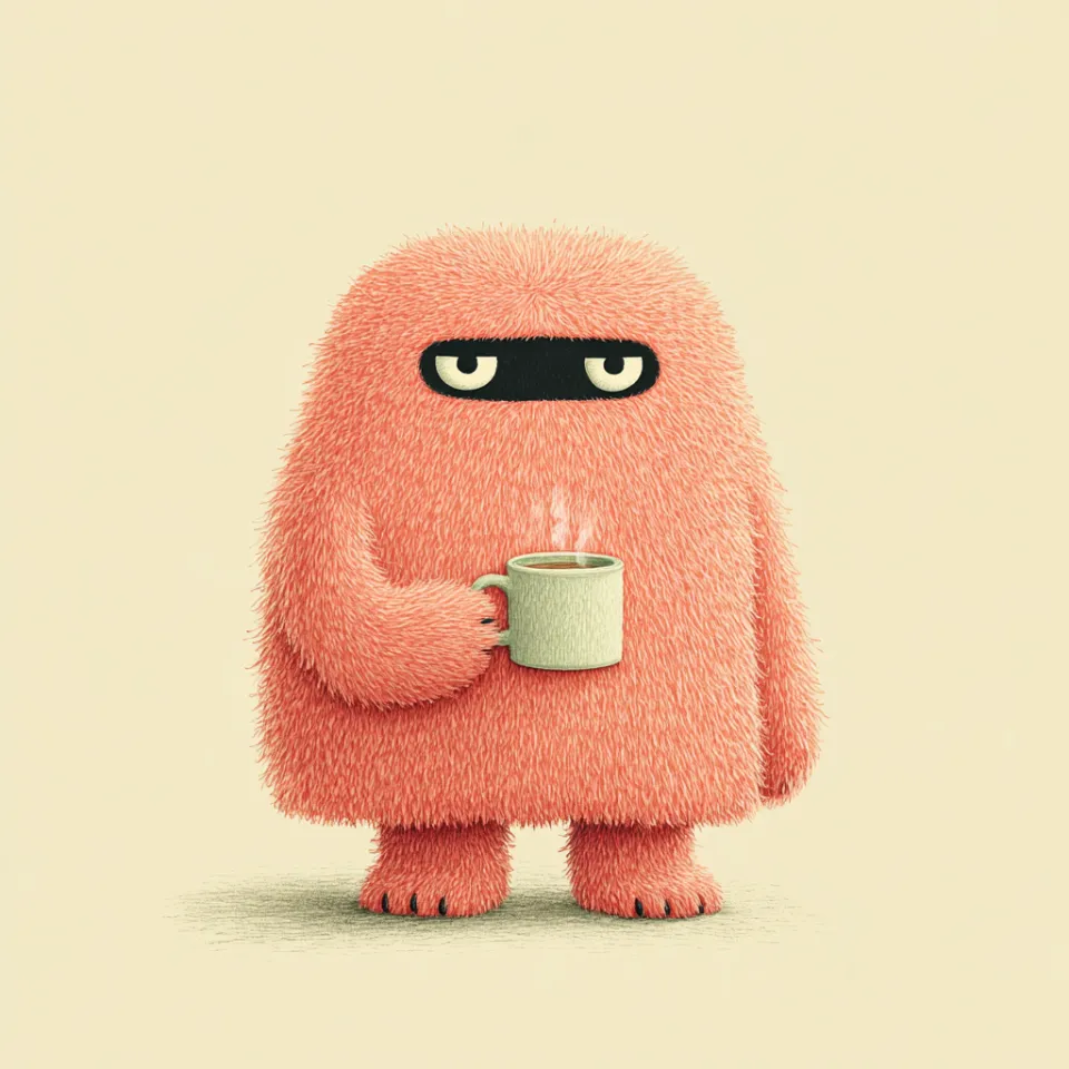 Una criatura gorda y parecida a un monstruo con una taza de bebida caliente