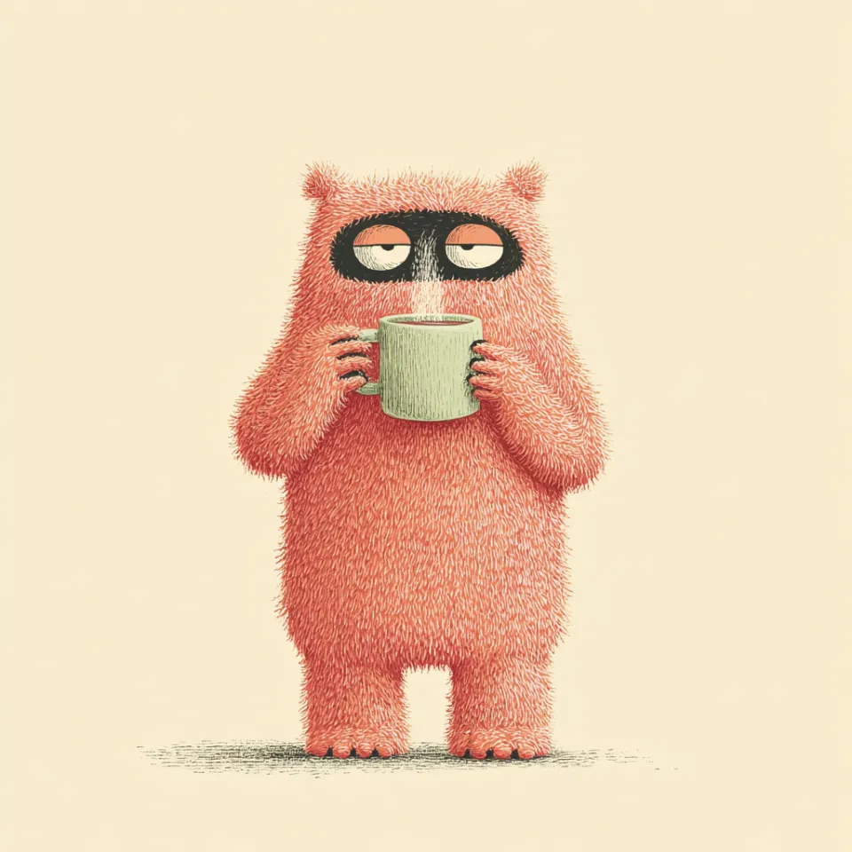 Bestia de dibujos animados con pelaje naranja y una taza en las manos