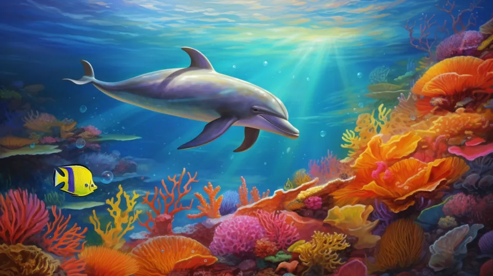 Dolphin swimming among bright corals and fish in the ocean