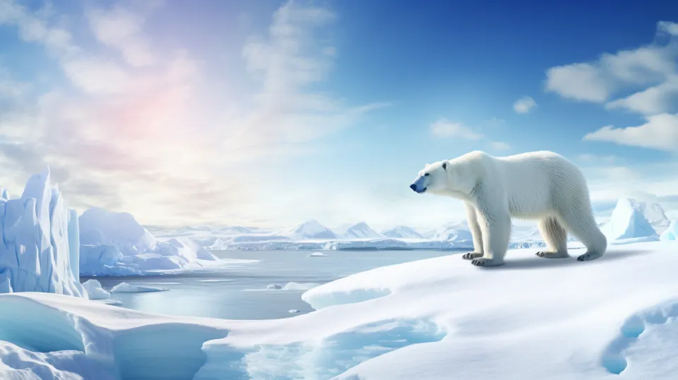 Imagen de un oso polar en un fondo de glaciares y mar en calma