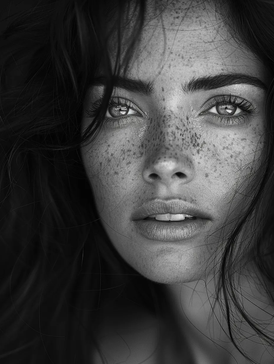 Close-up of a woman's face with freckles and expressive eyes