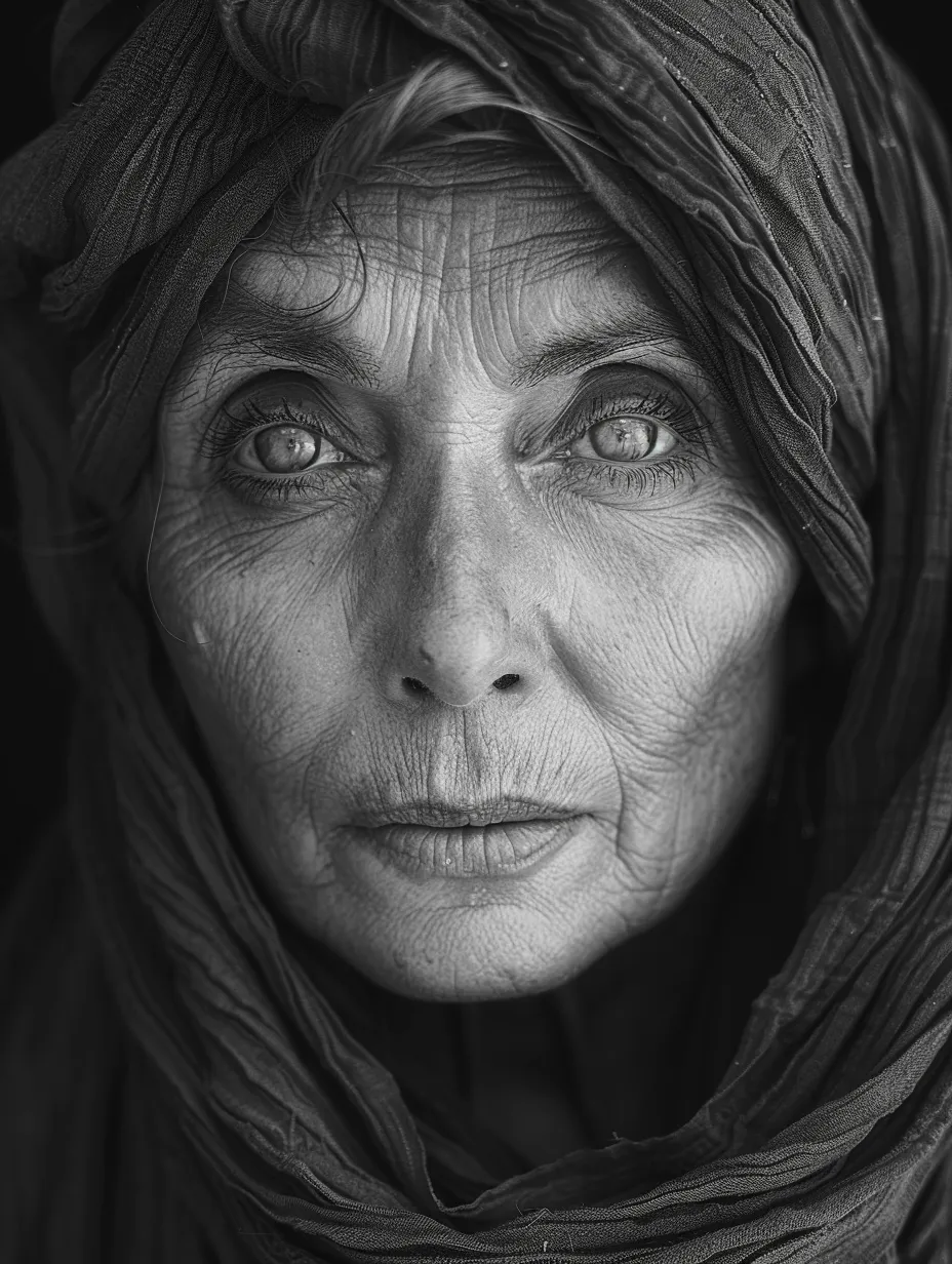 A series of detailed black-and-white portraits of an elderly woman with deep wrinkles