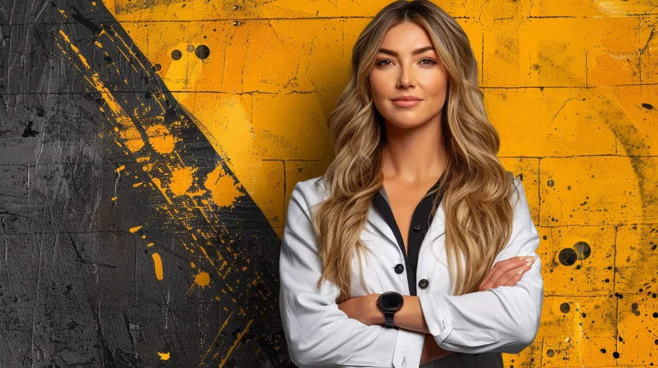 Woman in a white coat against a yellow and black graffiti wall