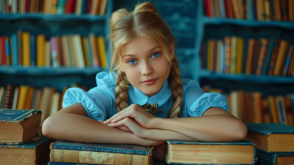 Smart girl with long braids poses among old books in the library