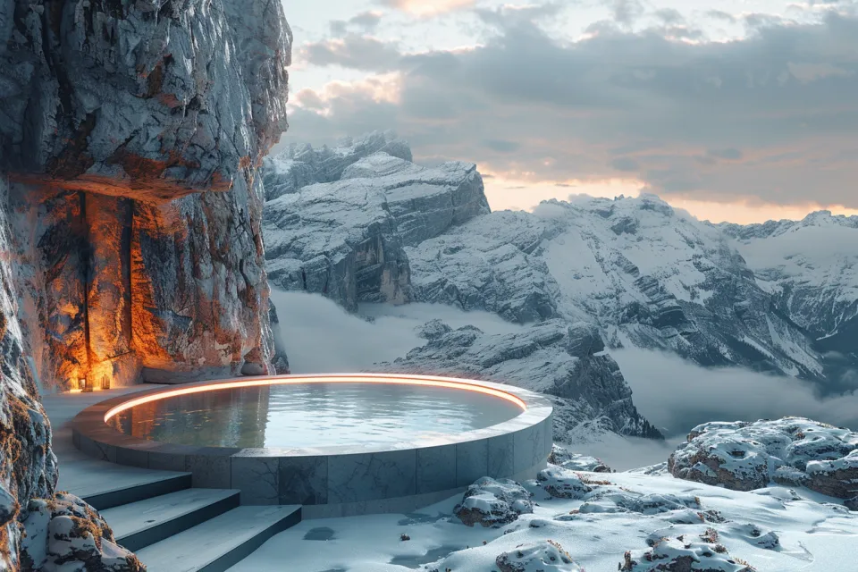 Modern spa hotel with a hot tub among snowy mountains