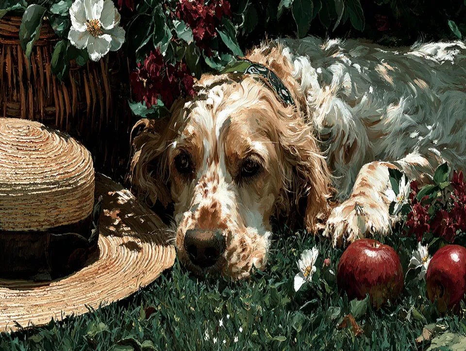 Perro tranquilo acostado en la hierba junto a manzanas y flores