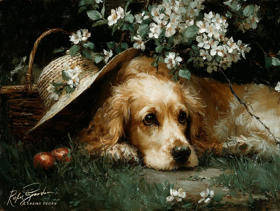 Perro tumbado en la hierba junto a flores y una cesta con manzanas