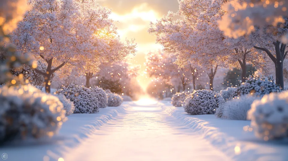 Winter Landscape with a Lit Snow-Covered Path and Snow-Covered Trees