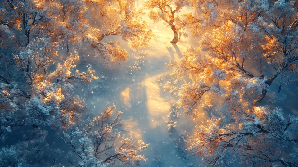 Winter landscape with snow-covered trees and sunlight rays