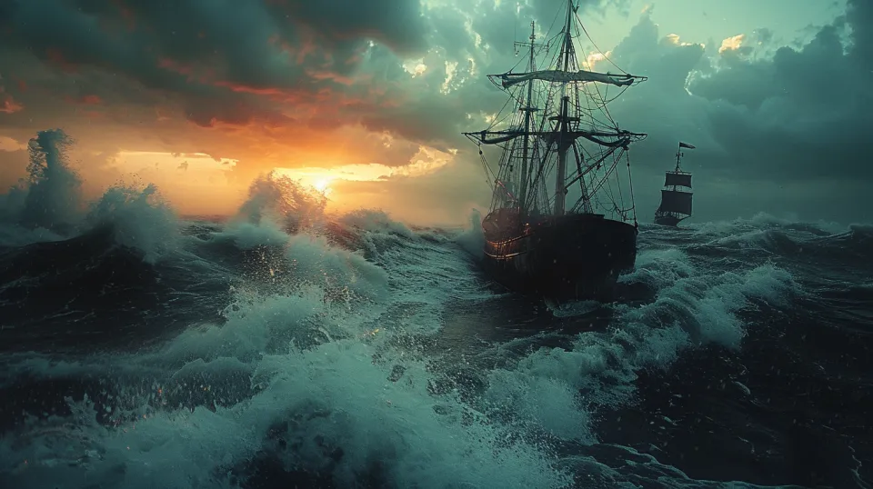 Ships sailing through a stormy sea under a sunset sky
