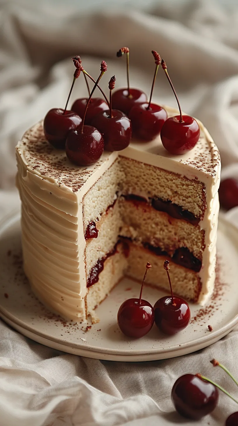 Picture of a cake topped with cherries and sliced layers
