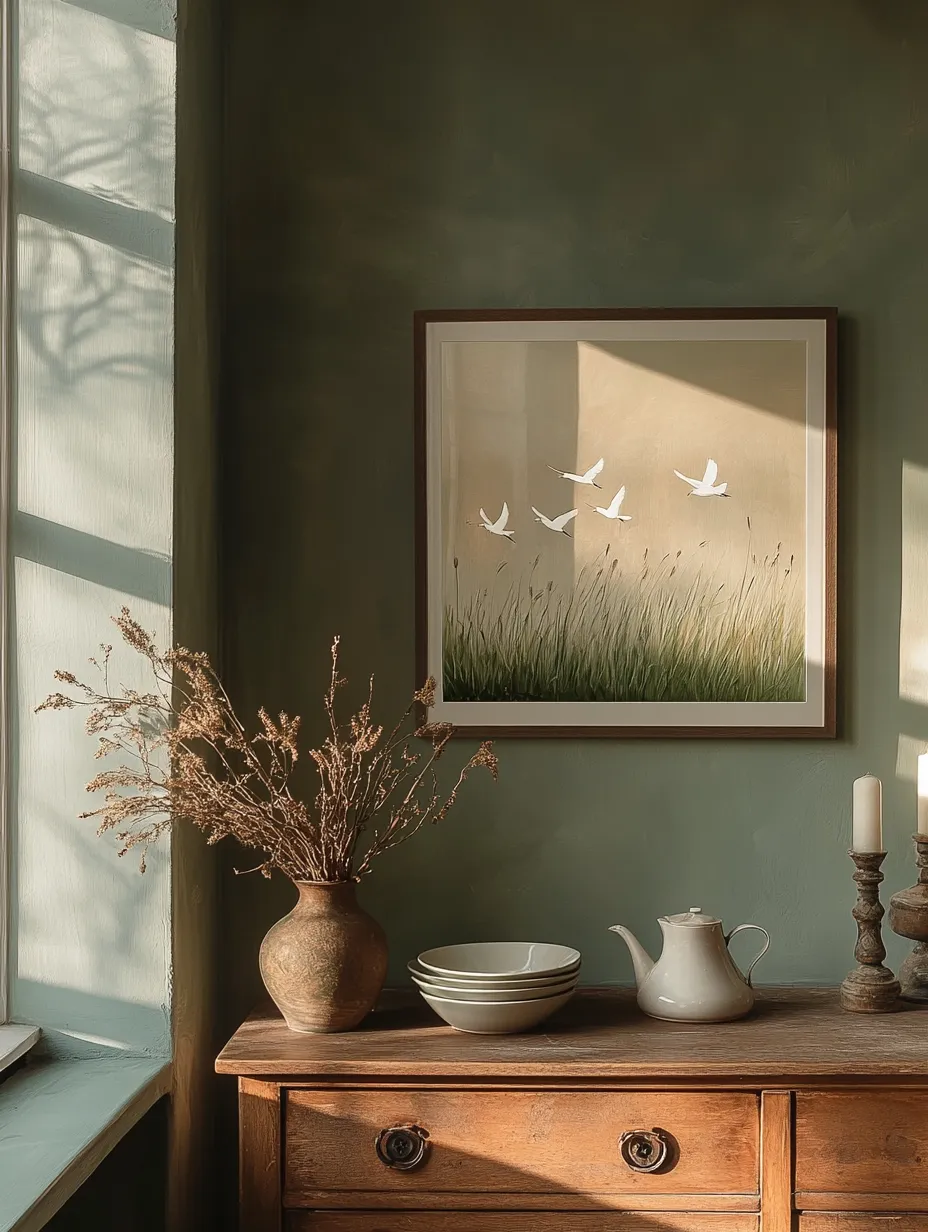 A cozy corner with paintings and natural elements in the interior