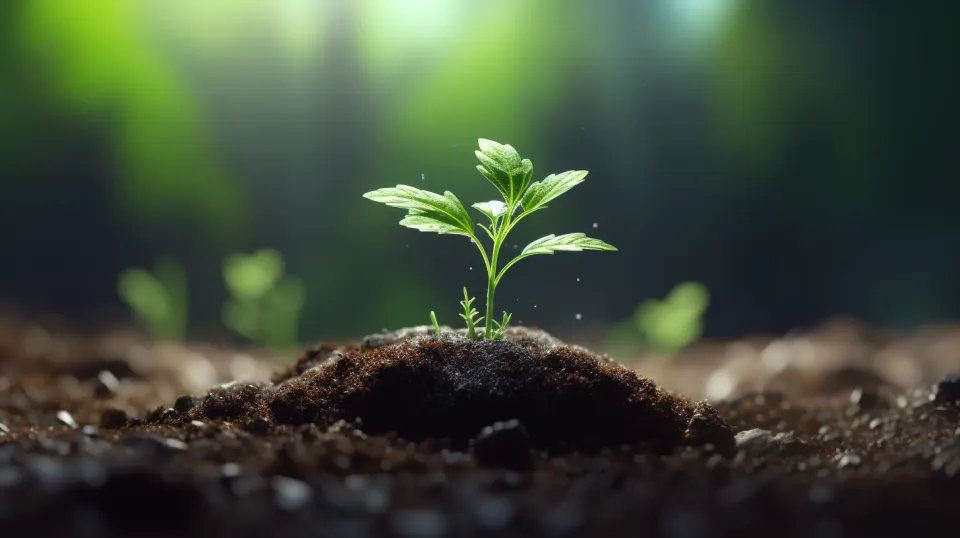 Joven planta brotando del suelo con gotas de agua