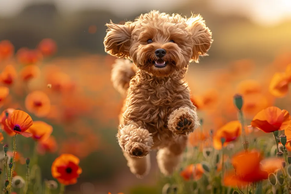 Perro peludo saltando entre coloridas flores rojas bajo el sol