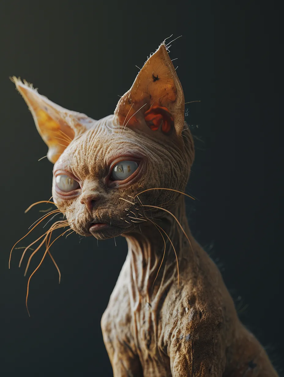 Fotografía de un gato inusual con una cara original y piel texturizada