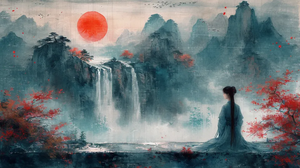 Woman in traditional clothing against a picturesque landscape with a waterfall