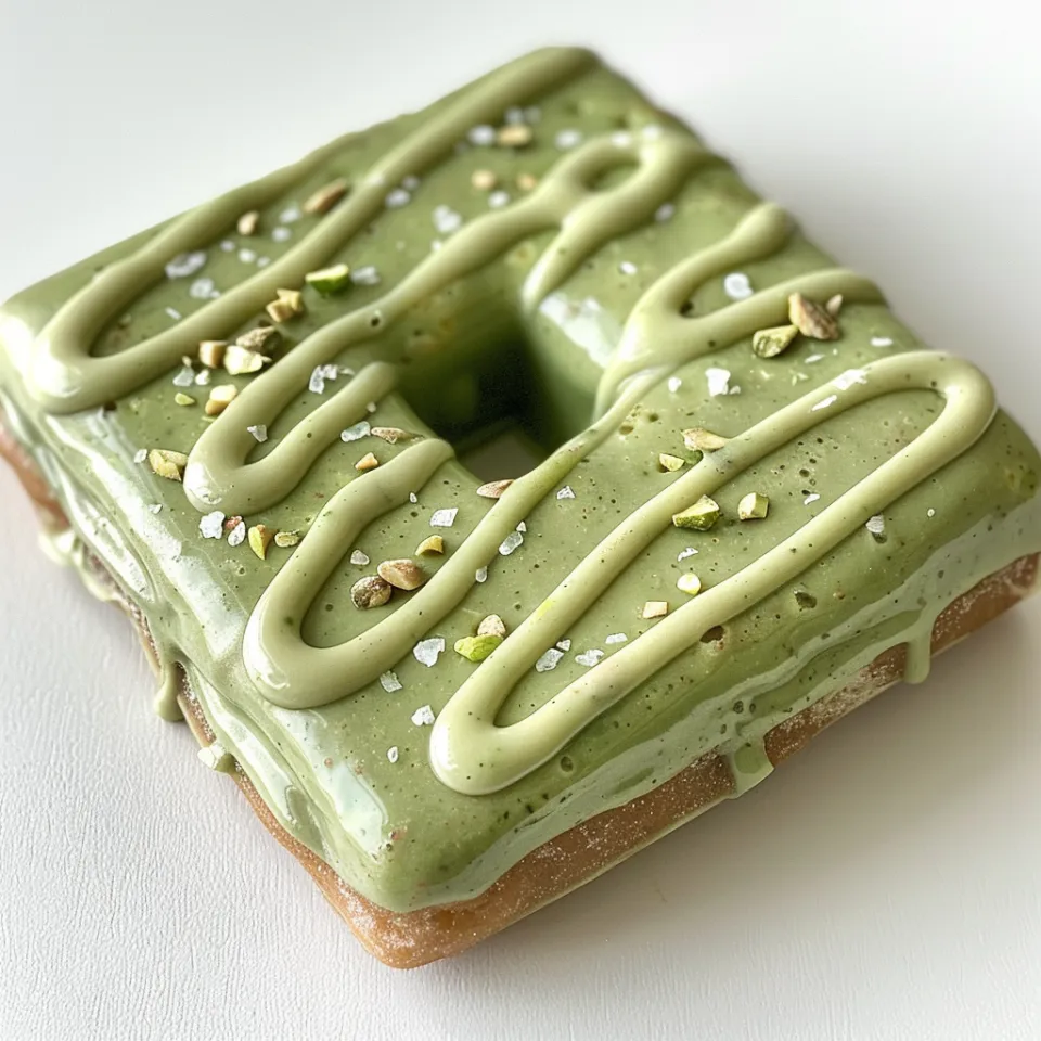 Dona con glaseado verde, cubierta de nueces y decorada con un diseño