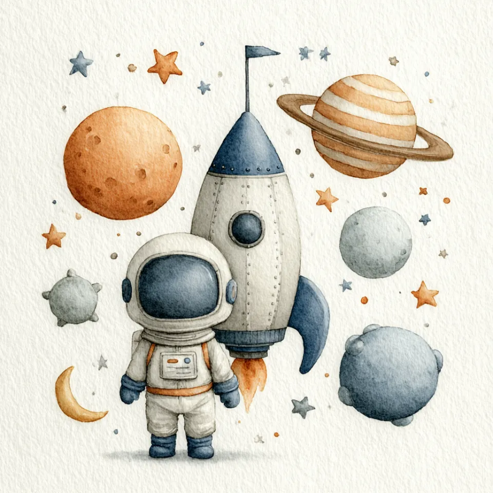 Illustration of an astronaut and a rocket against a backdrop of planets and stars