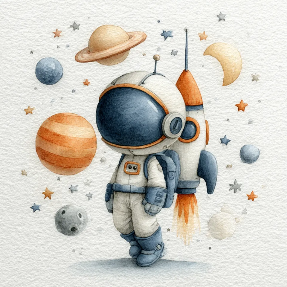 Lindo astronauta con cohete en el fondo del espacio con planetas
