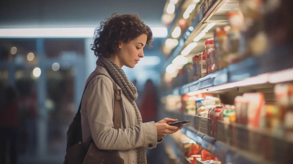 Mujer joven eligiendo productos en la tienda con un teléfono móvil en la mano