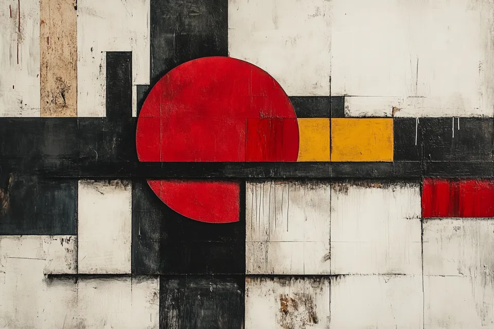 Modern abstract painting with a circle, rectangles, and squares