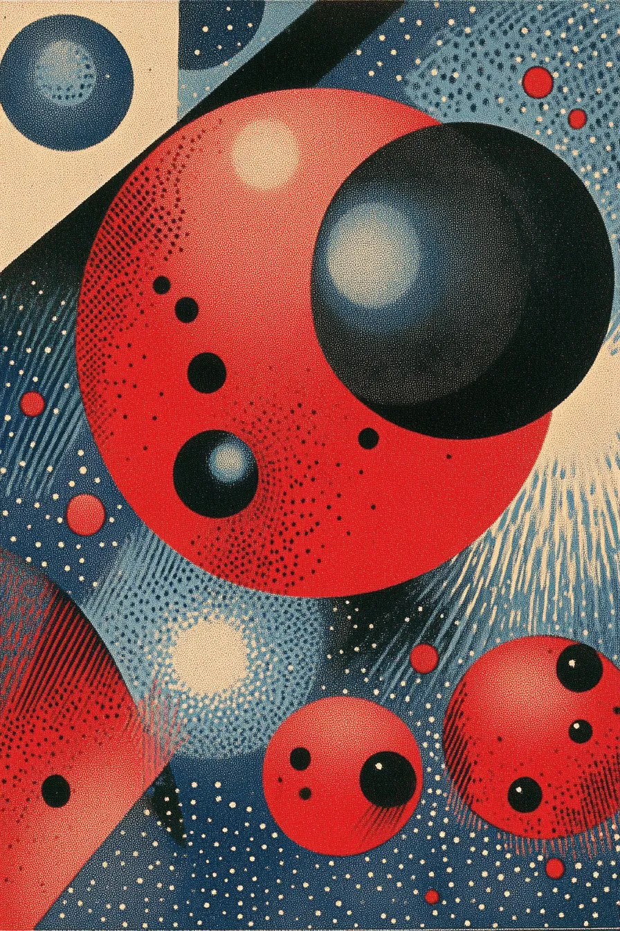 Abstracción cósmica con esferas brillantes y fondo estrellado
