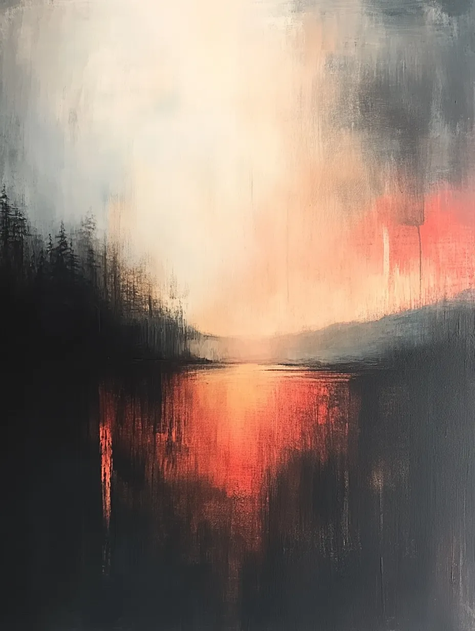 Abstract image of a sunset with reflections in the water and silhouettes of trees