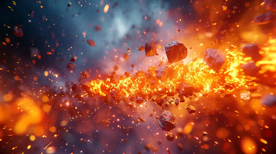 Imagen de actividad volcánica con rocas y magma explosivos