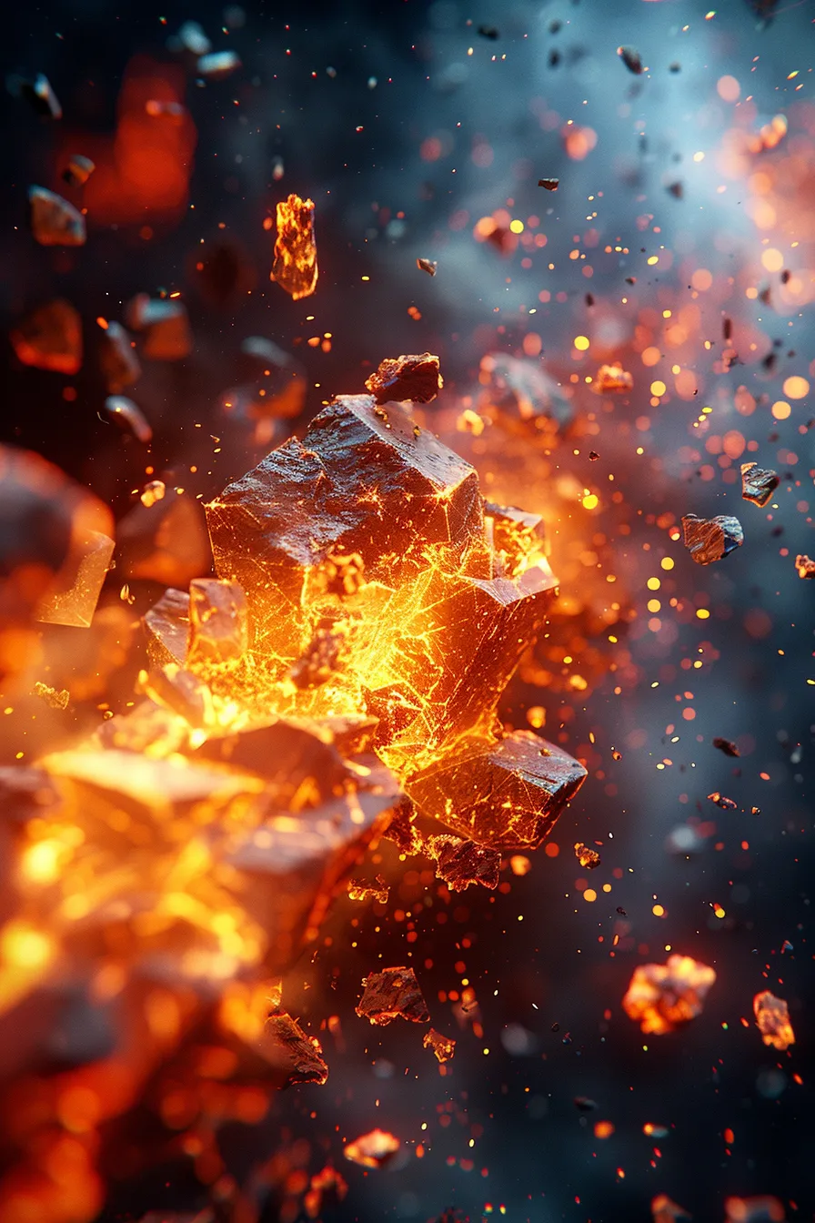 Dynamic scene with lava, sparks, and flying rock debris