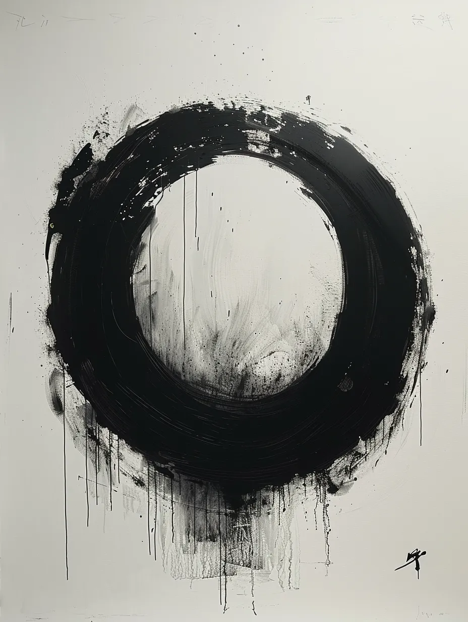 Abstract painting with a black circle on a white background