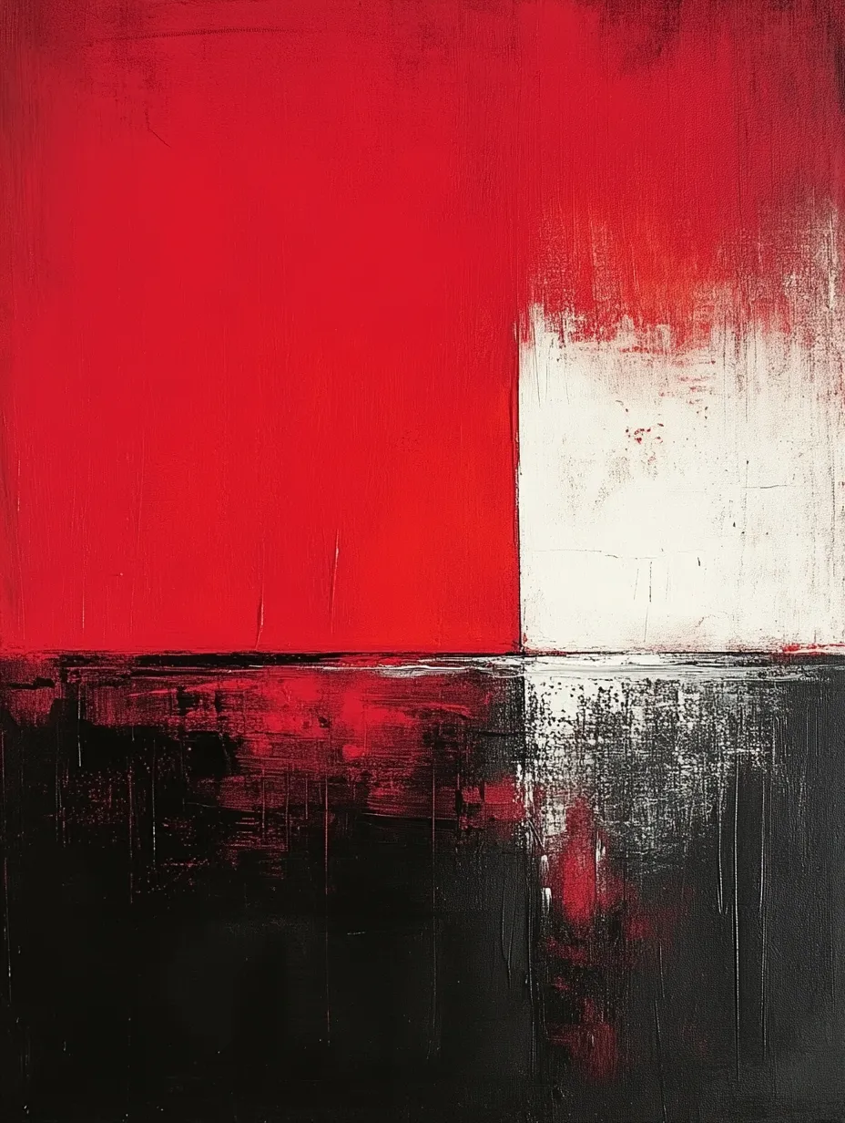 Contemporary abstract painting dominated by red and black colors