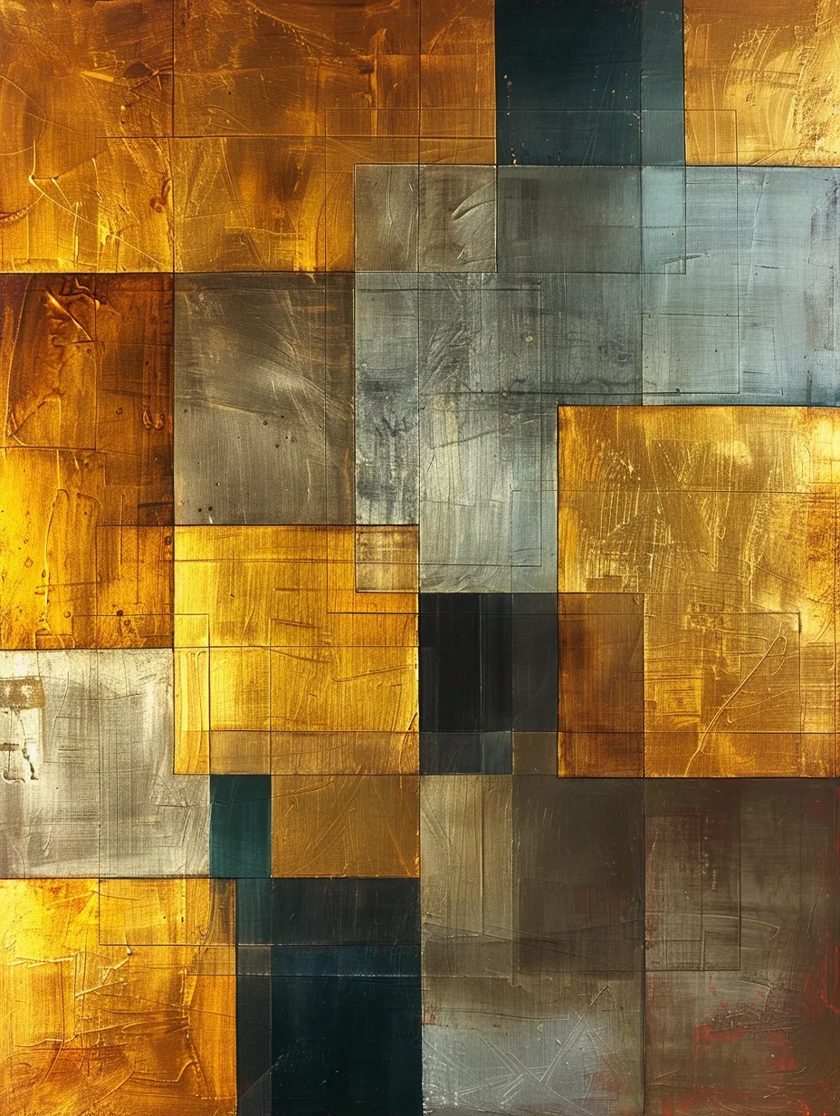 Contemporary Abstract Art with Gold and Gray Squares