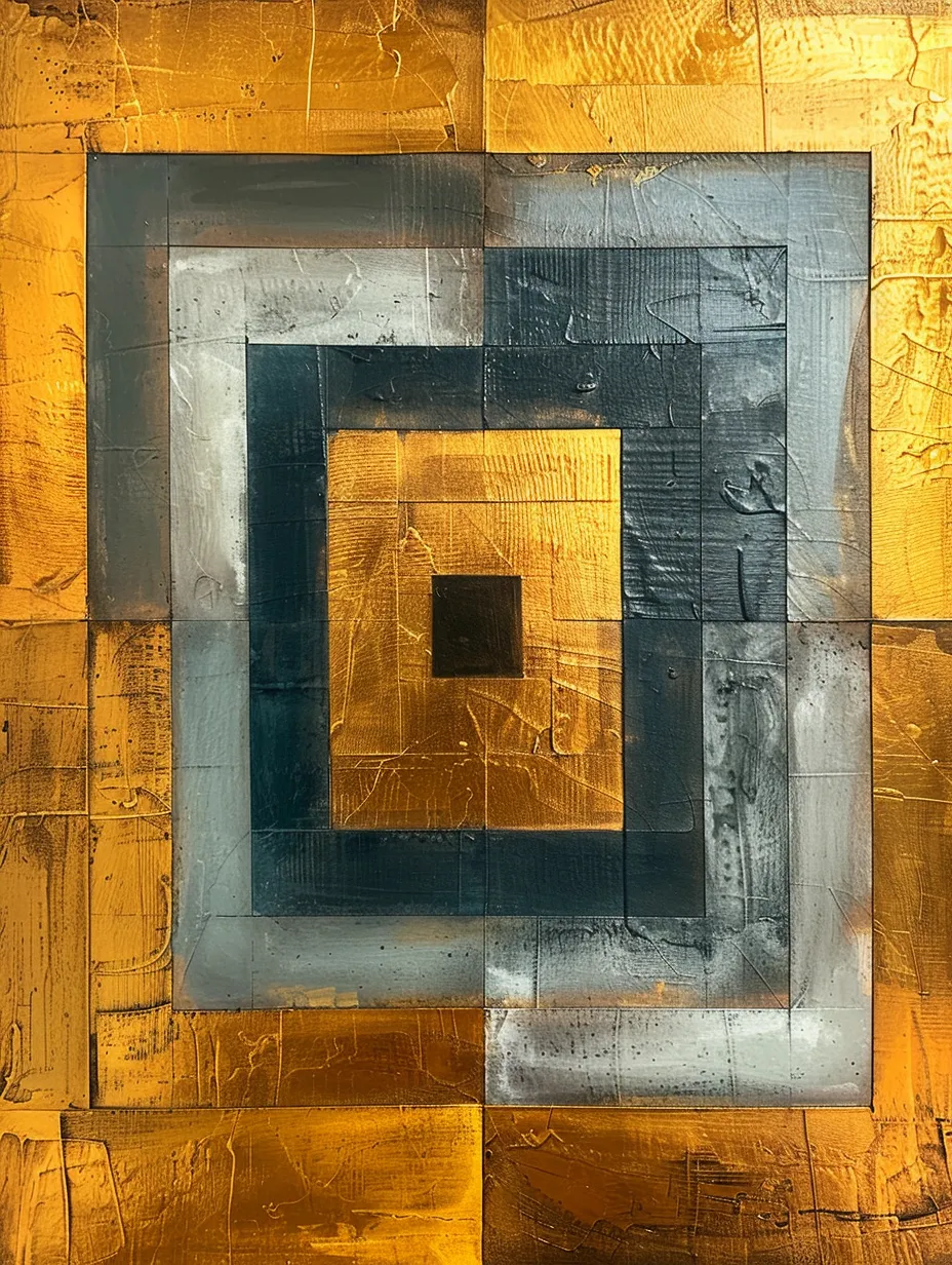 Cuadro abstracto que combina tonos dorados y gris oscuro en formas cuadradas