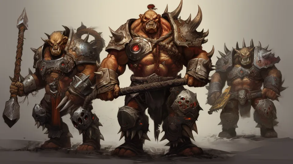 Three powerful orc warriors in massive armor with weapons