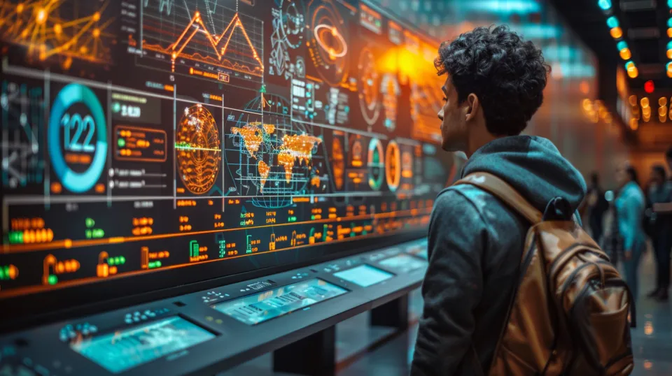 Persona mirando una pantalla interactiva con gráficos y datos