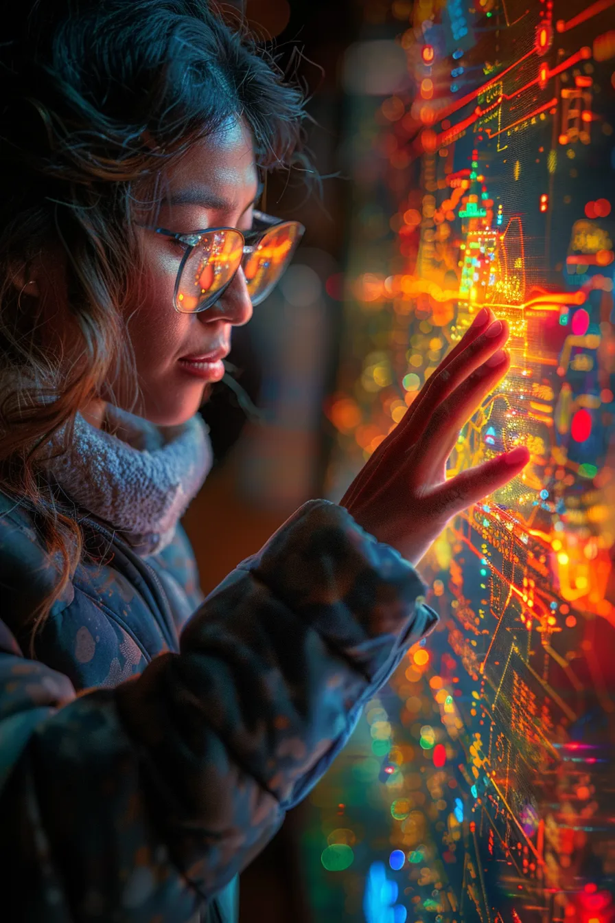 A young woman with glasses touching a glowing screen in the dark