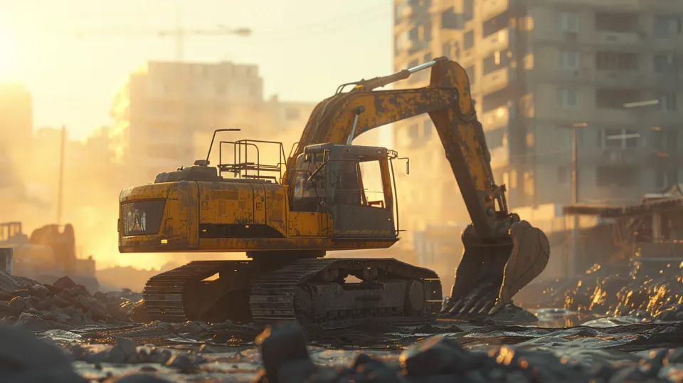 Excavator with damaged paint working against the backdrop of construction sites