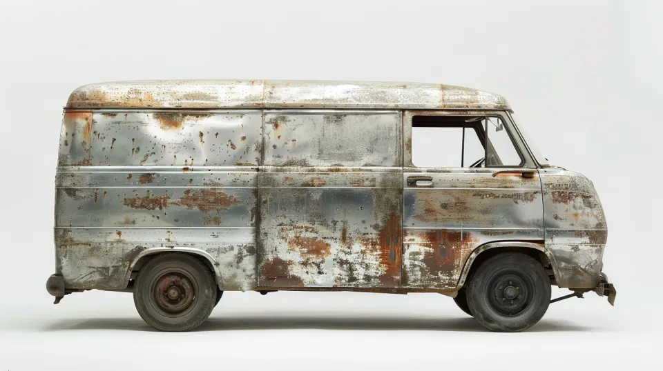 Old rusty model of a van with noticeable signs of wear