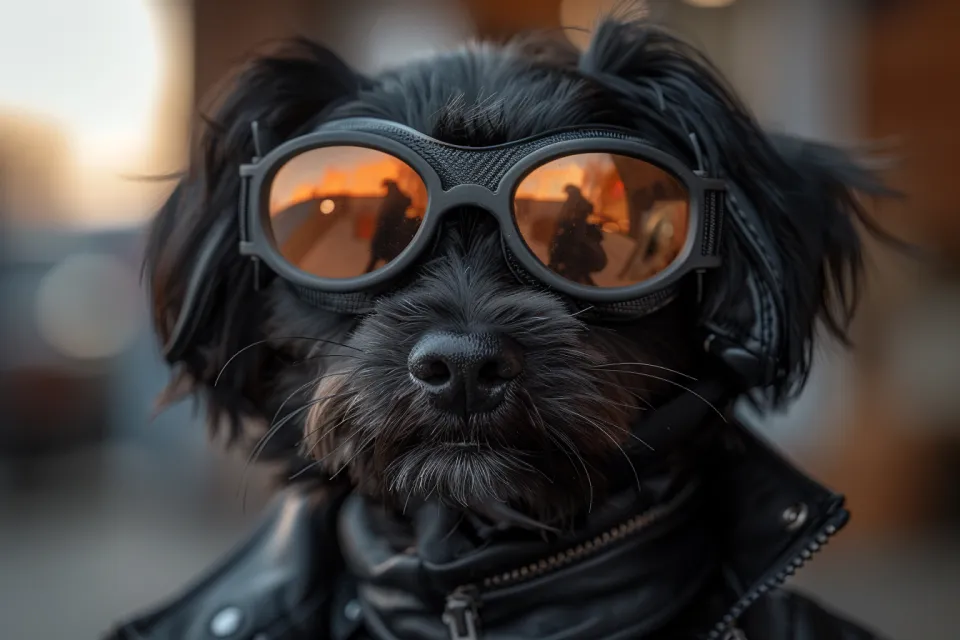 Charming dog in stylish sunglasses and leather jacket