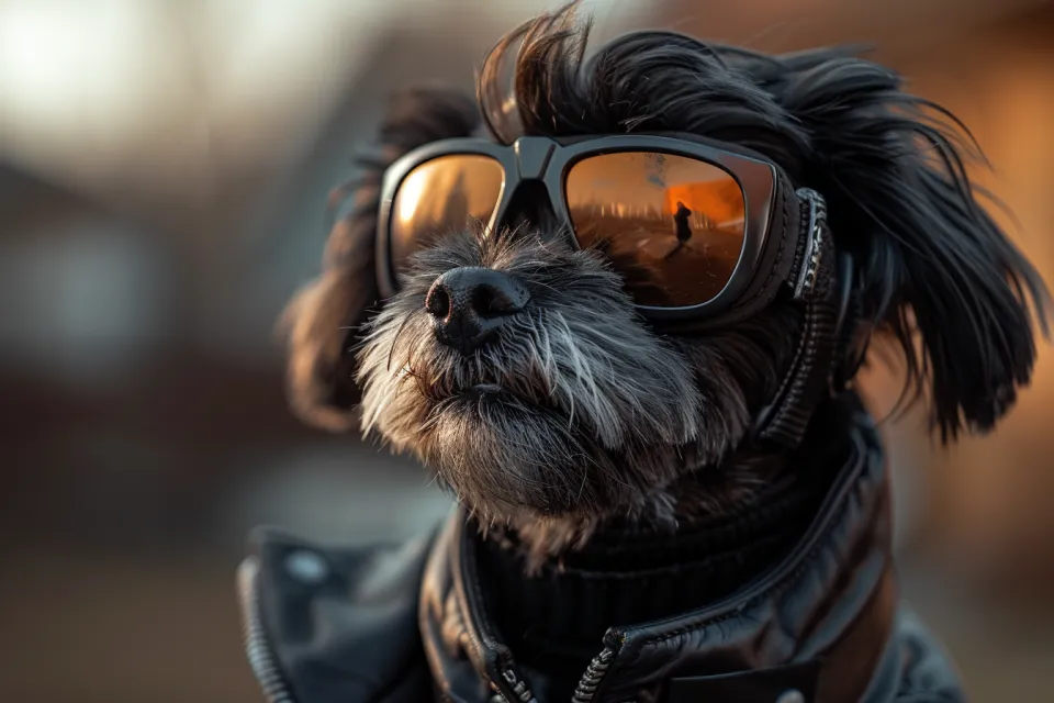 Fluffy dog in stylish glasses with a reflection in the lenses