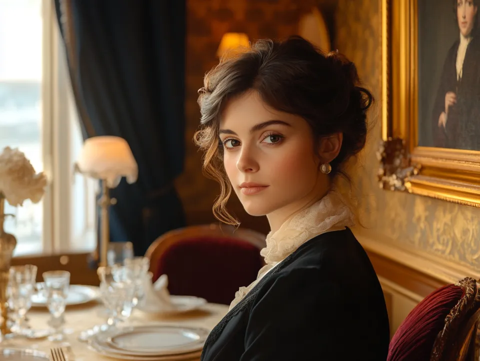Portrait of a Woman in a Classic Dress Against a Luxurious Interior