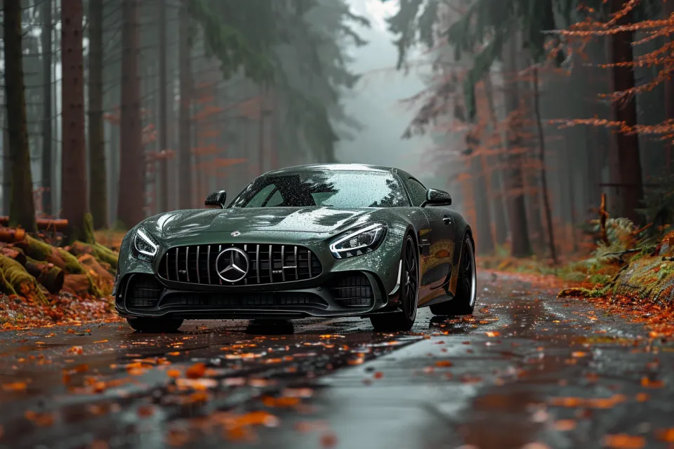 Impressive Mercedes-AMG GT on a Wet Road Among Autumn Forest