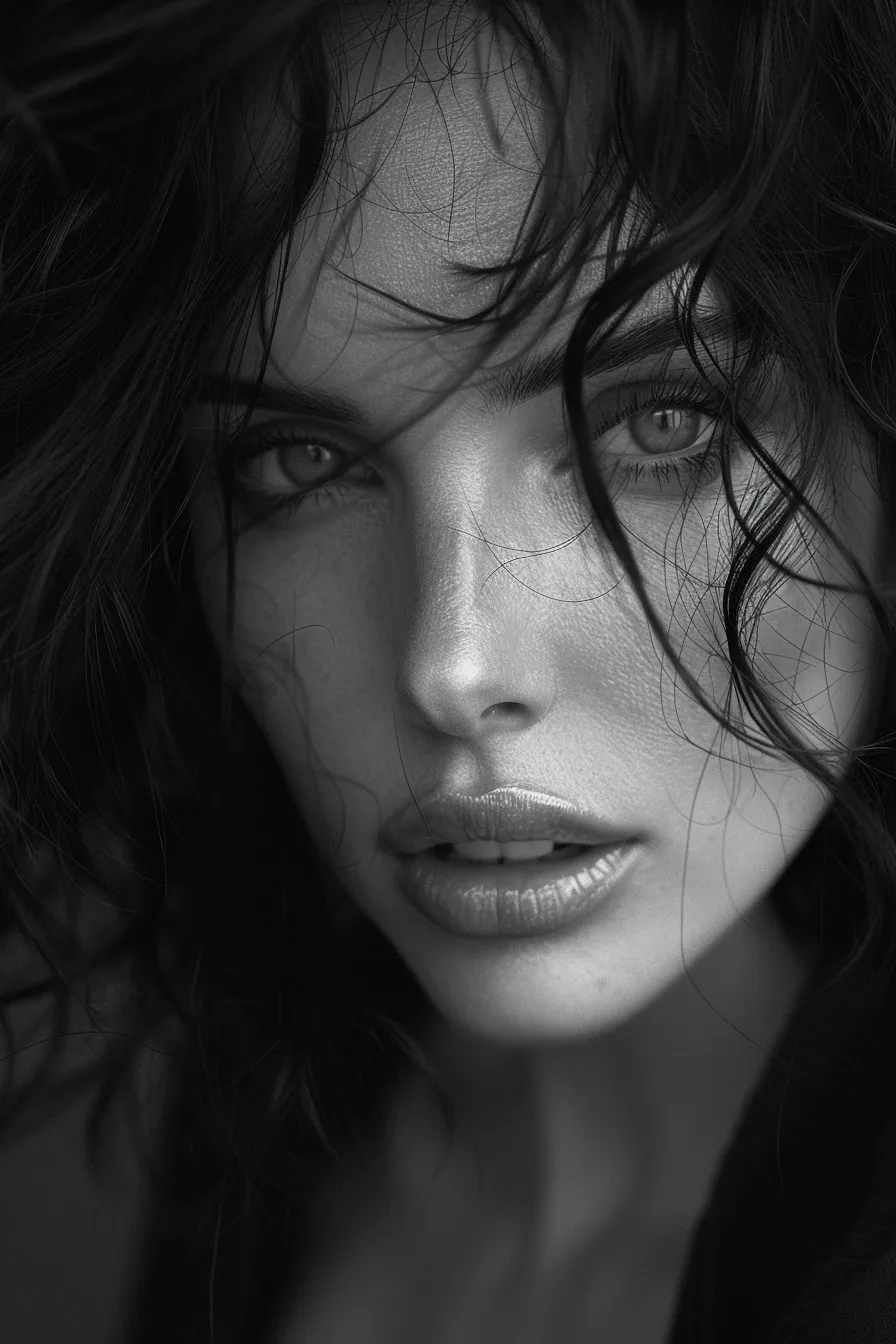 Photograph of a woman with long wavy hair and an expressive face