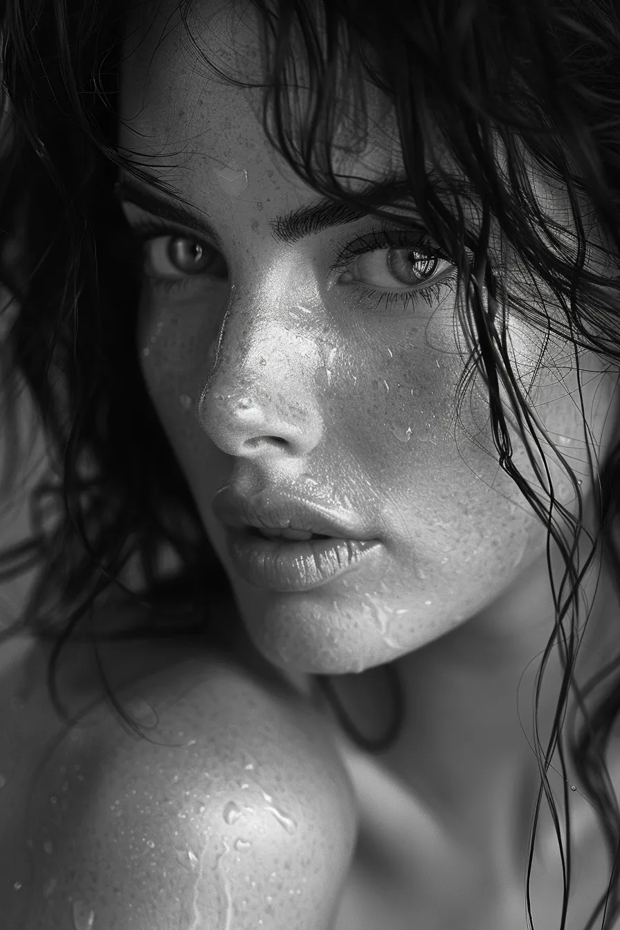 Close-up of a young woman's face with wet skin and an authentic gaze