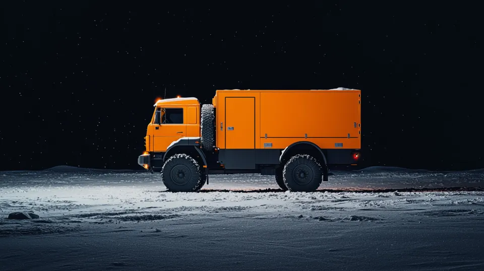 Truck with an orange body against the backdrop of the Moon's starry sky